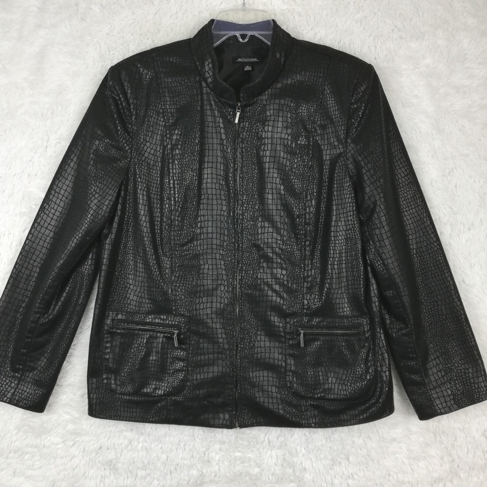 Notations Womens Jacket Snake Print Black Mandarin Collar Full Zip Lined XL